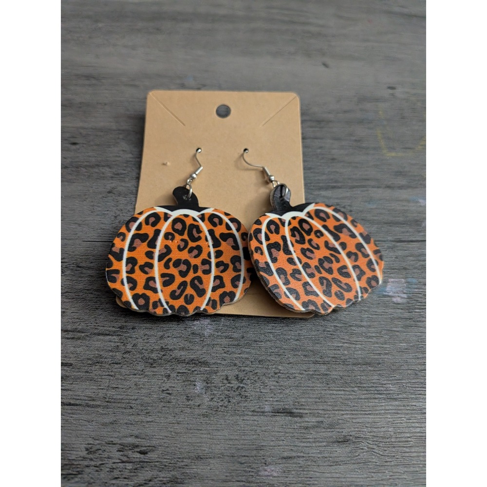 Leopard Print Pumpkin Earrings Faux Leather Fall Halloween Dangle Orange Black